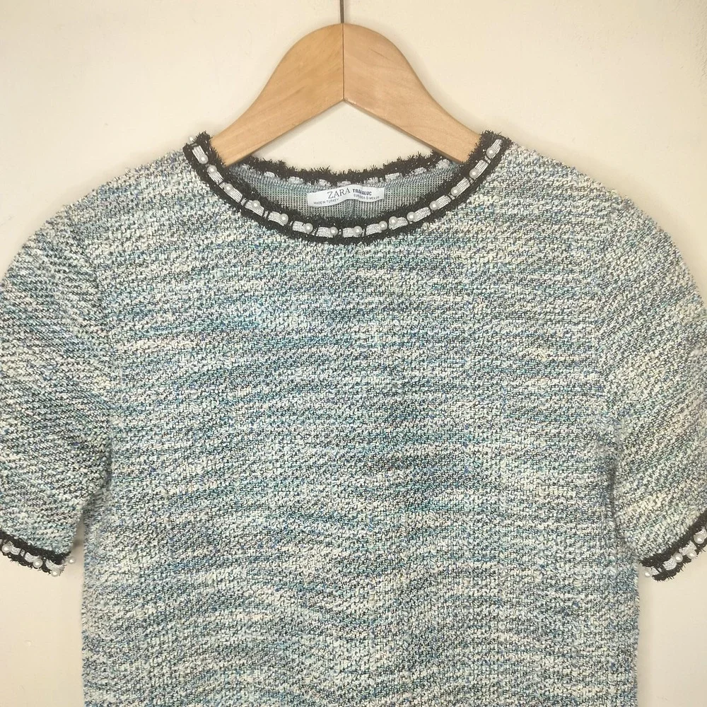 Zara Tweed‎ Textured Top Pearl Embellished Fringe